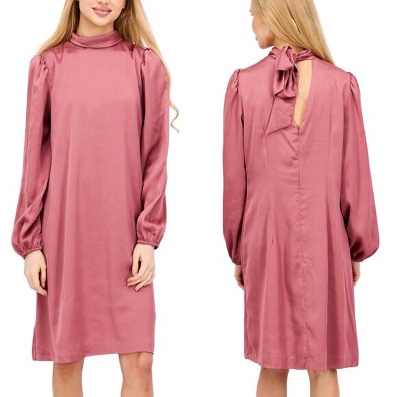 International Concepts Rose Pink Satin Tie High Neck Mini Shift Dress Large NWT - Picture 1 of 16